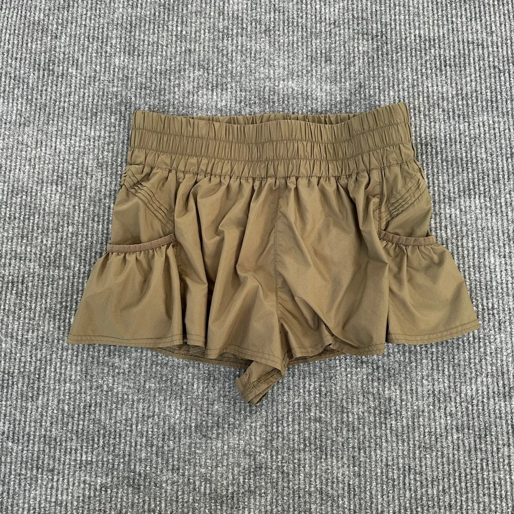 Free People Womens Get Your Flirt On Shorts Medium Brown Ruffle Smocked Waist